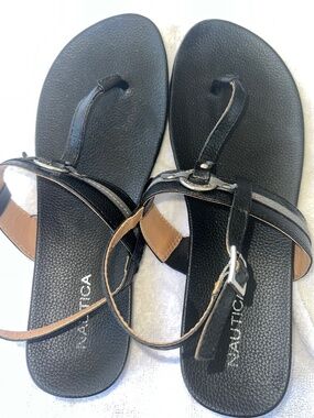 Nautica Black T-Strap Flat Sandals Size 8
